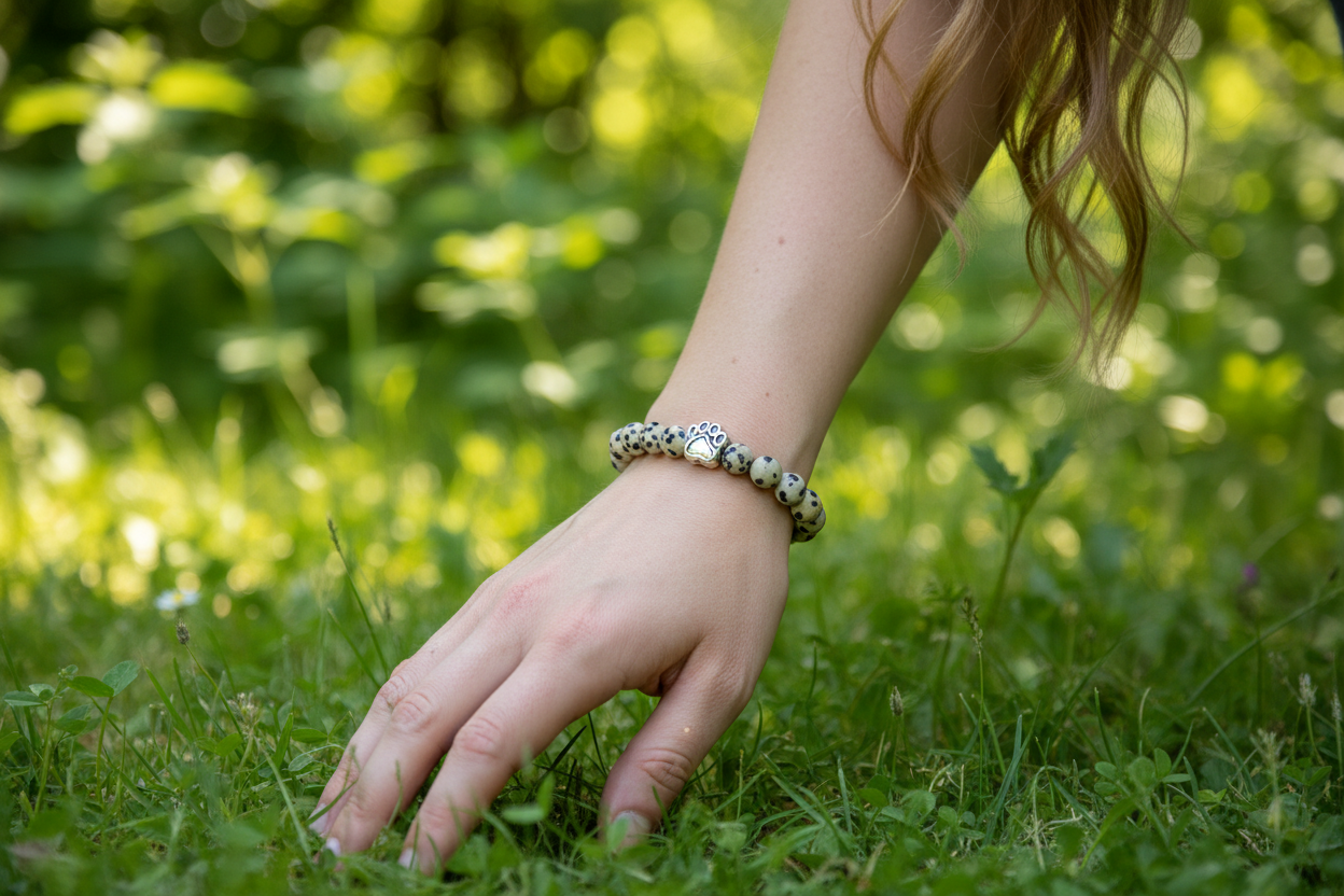 Frauenhand mit Dalmatiner-Jaspis Armband