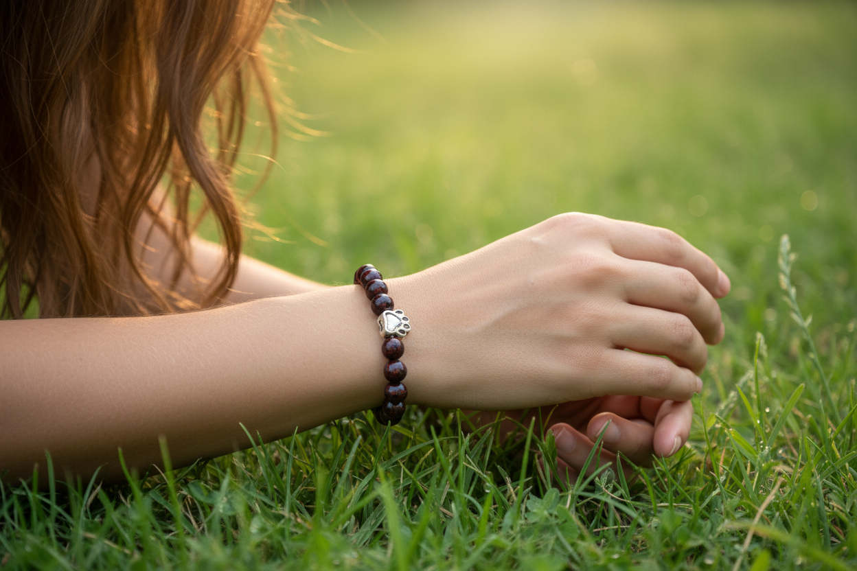 Frauenhand mit dunkelrotem Granat Armband