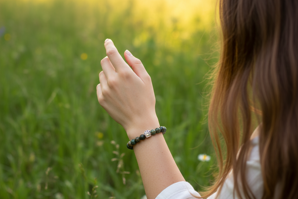 Frauenhand mit grünem Armband in anderer Pose