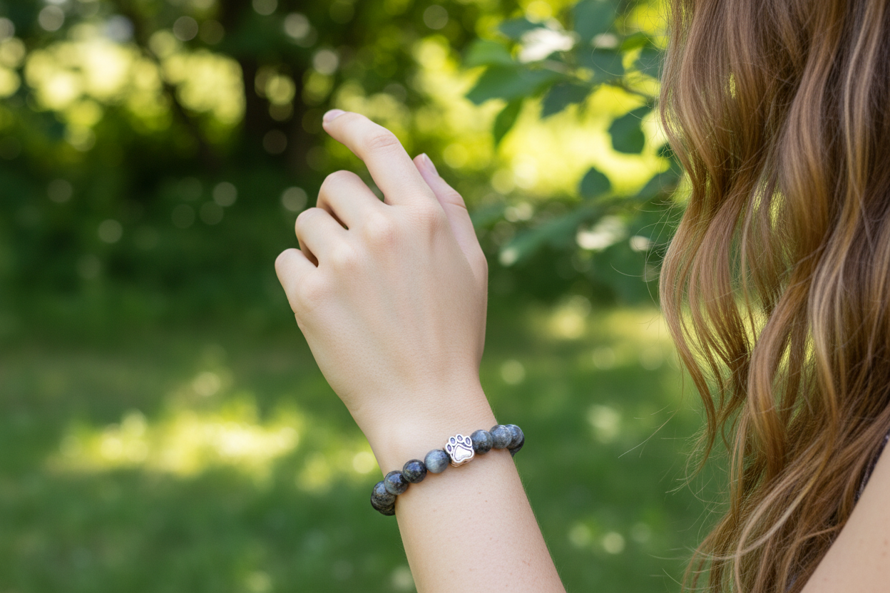 Frauenhand mit hellerem Falkenauge Armband - andere Pose