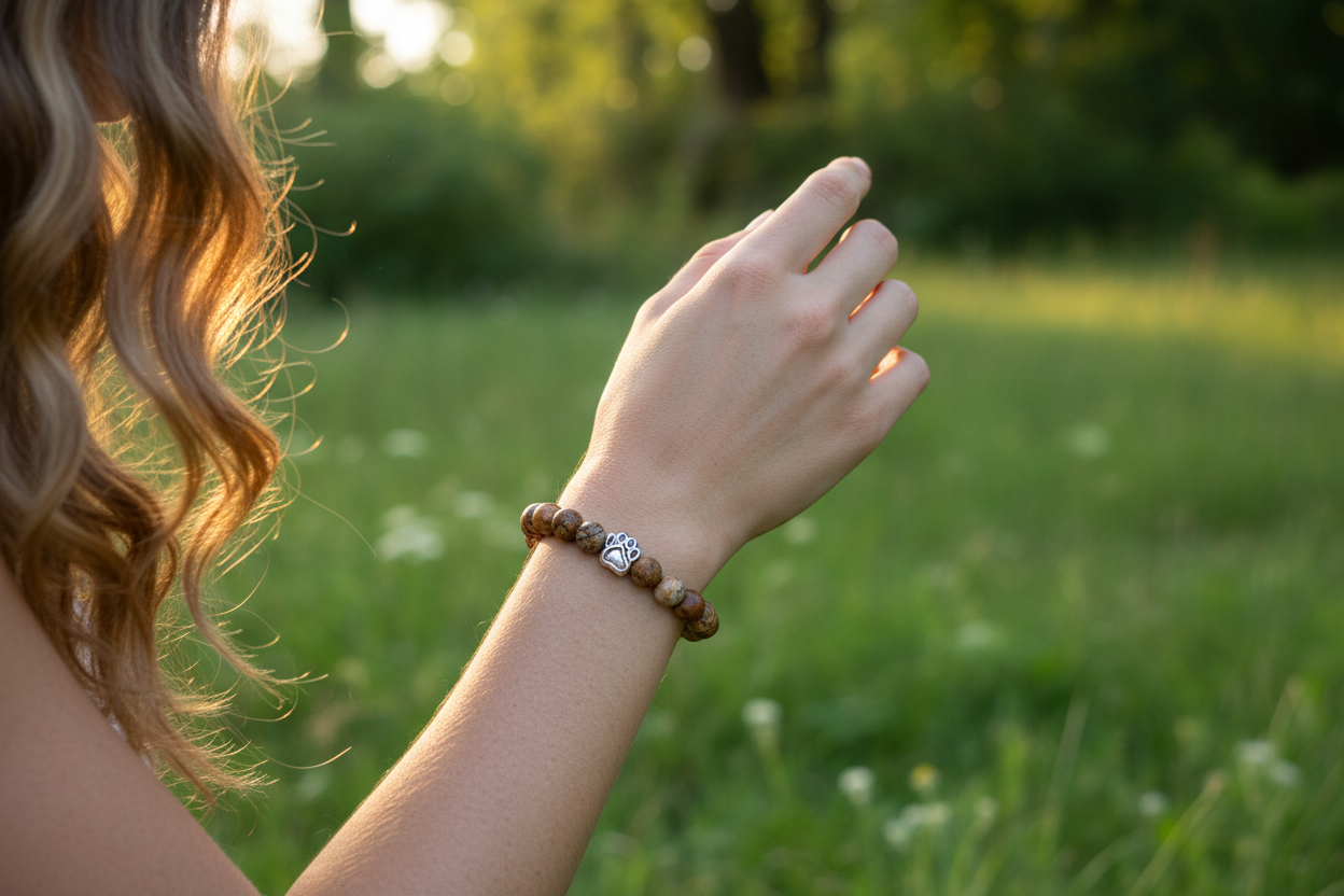 Frauenhand mit Picture Jasper Armband - andere Pose
