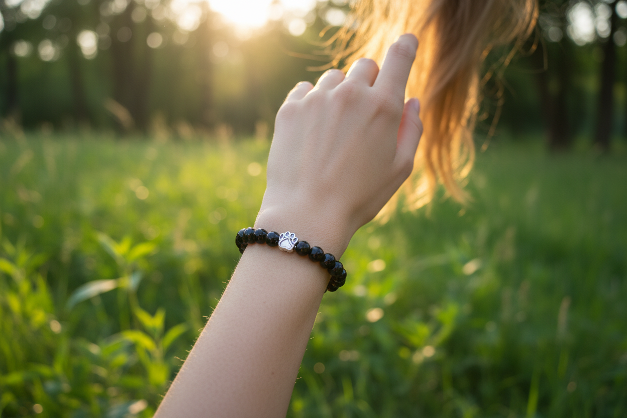 Frauenhand mit schwarzem Armband
