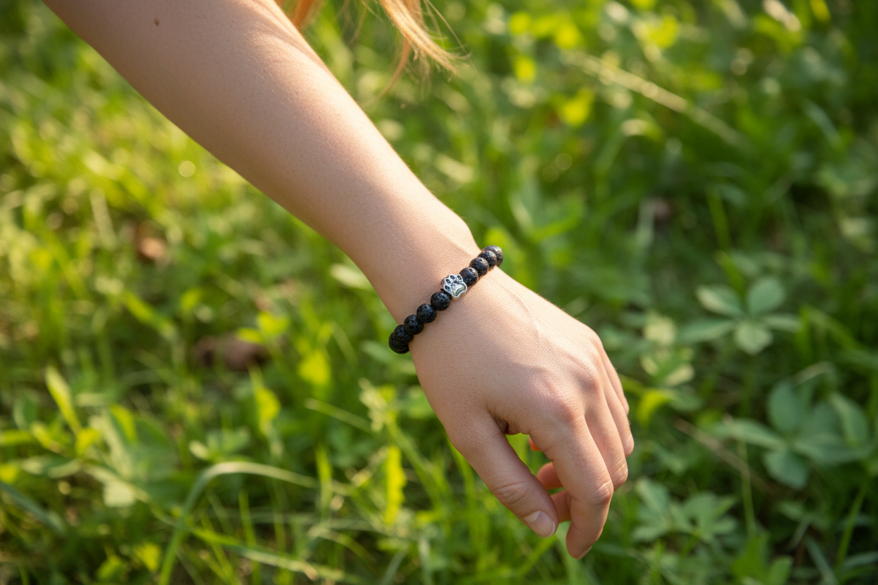 Frauenhand mit schwarzem Lavastein Armband
